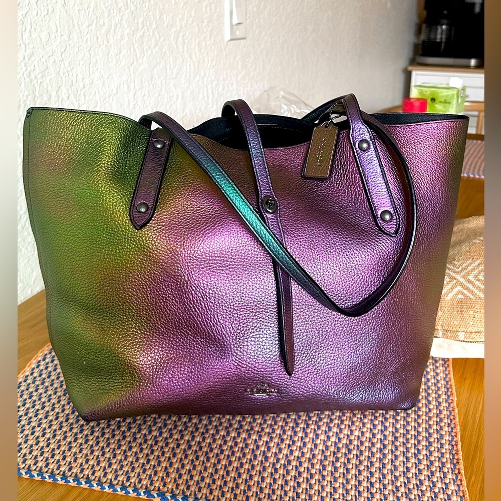 Coach Iridescent Green and Purple Pebbled Leather Tote